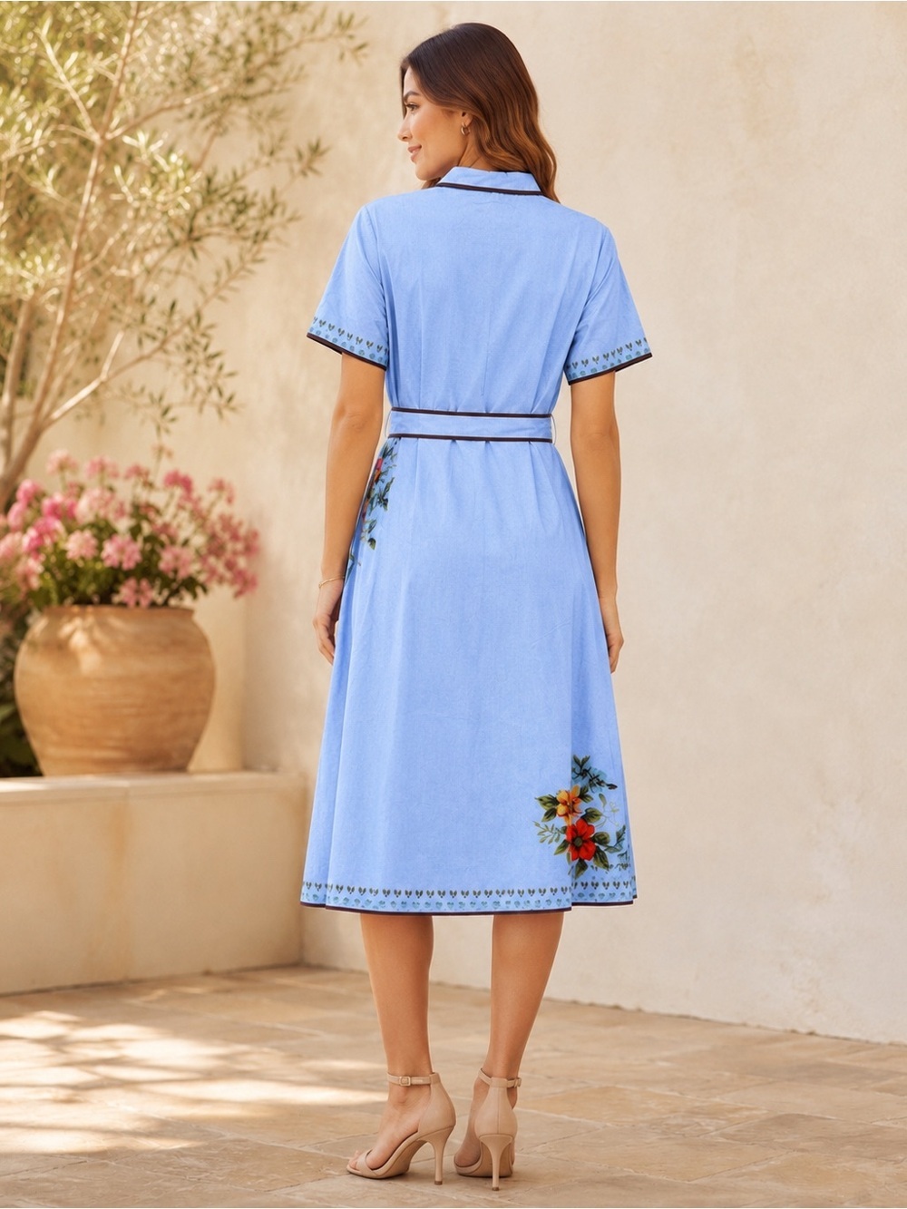 NWT Chartou Blue Floral Butterfly Belted Button Front Midi Shirt Dress - Picture 2 of 4